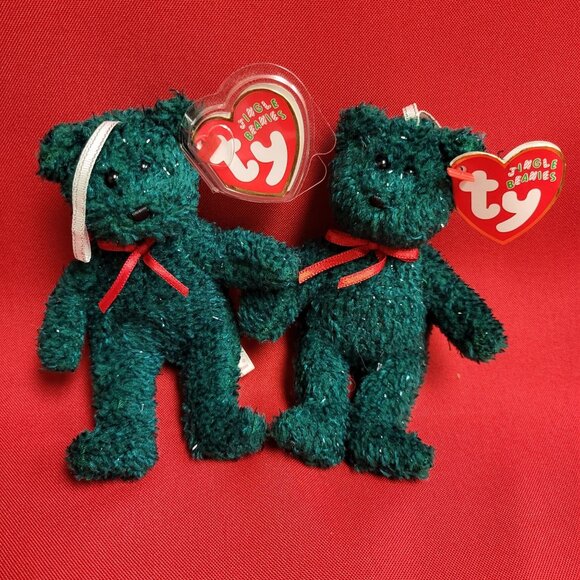 Holiday Green Teddy Ty Jingle Beanies Set of 2 Plush Christmas Ornaments 2004 - Picture 1 of 12